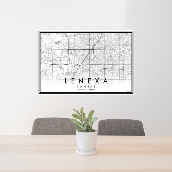 24x36 Lenexa Kansas Map Print Lanscape Orientation in Classic Style Behind 2 Chairs Table and Potted Plant
