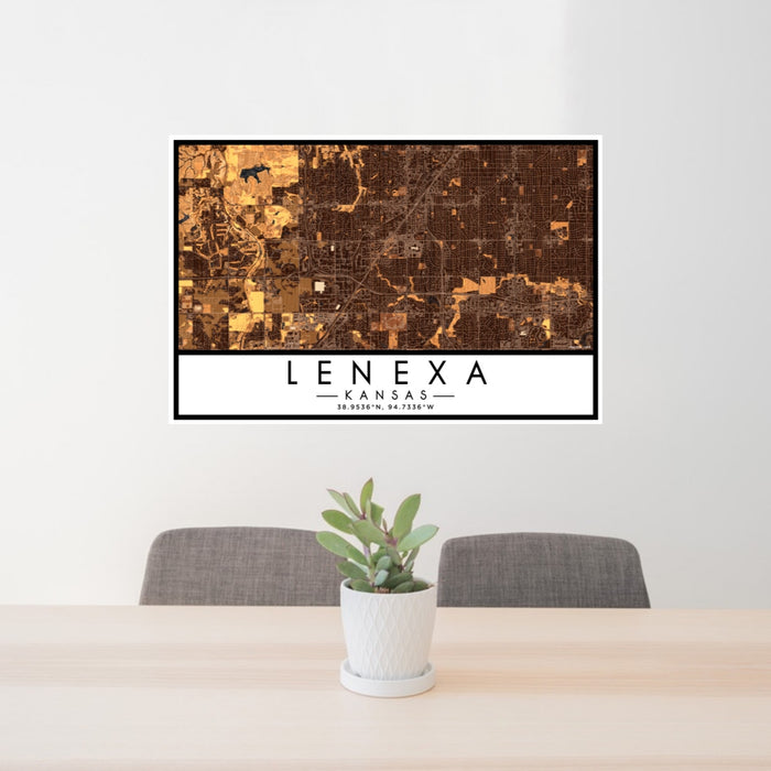 24x36 Lenexa Kansas Map Print Lanscape Orientation in Ember Style Behind 2 Chairs Table and Potted Plant