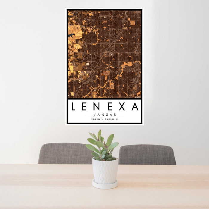 24x36 Lenexa Kansas Map Print Portrait Orientation in Ember Style Behind 2 Chairs Table and Potted Plant