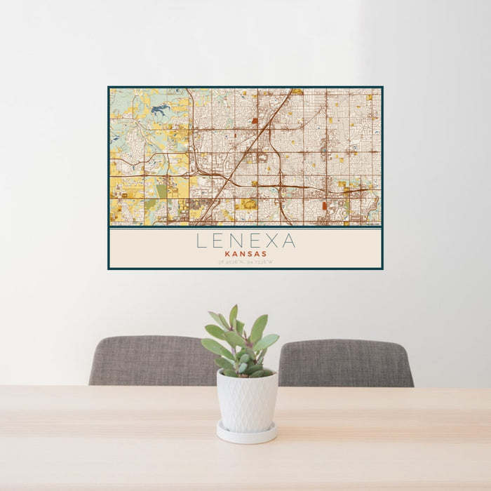 24x36 Lenexa Kansas Map Print Lanscape Orientation in Woodblock Style Behind 2 Chairs Table and Potted Plant