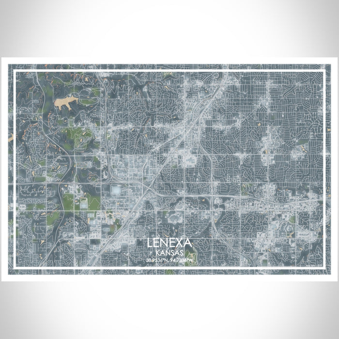 Lenexa Kansas Map Print Landscape Orientation in Afternoon Style With Shaded Background