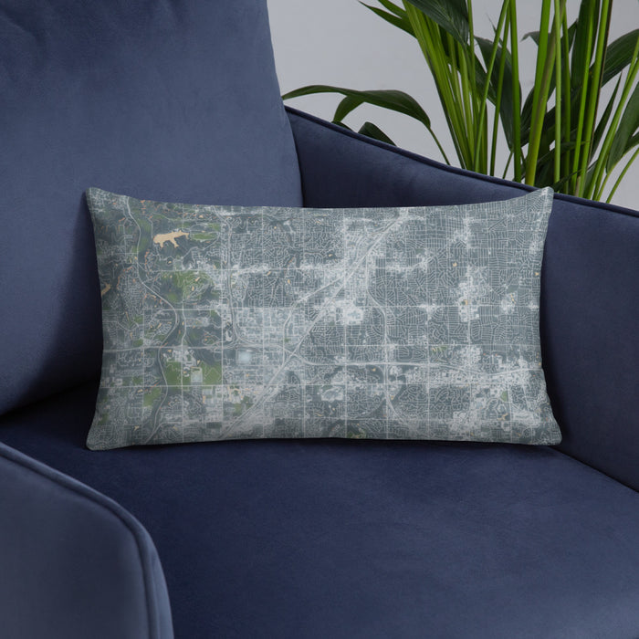 Custom Lenexa Kansas Map Throw Pillow in Afternoon on Blue Colored Chair
