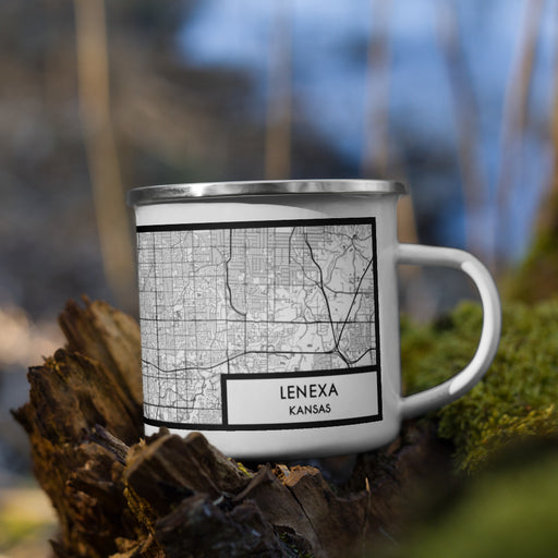 Right View Custom Lenexa Kansas Map Enamel Mug in Classic on Grass With Trees in Background
