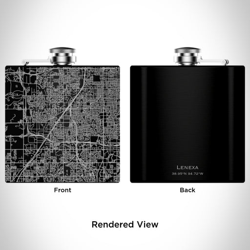 Rendered View of Lenexa Kansas Map Engraving on 6oz Stainless Steel Flask in Black