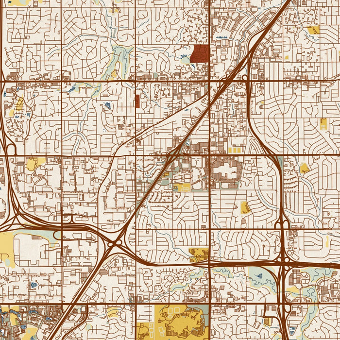 Lenexa Kansas Map Print in Woodblock Style Zoomed In Close Up Showing Details