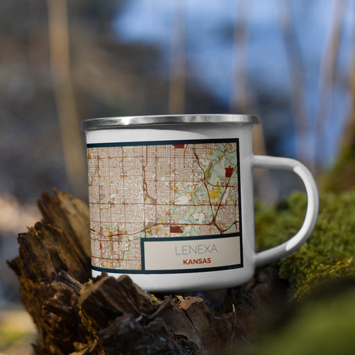 Right View Custom Lenexa Kansas Map Enamel Mug in Woodblock on Grass With Trees in Background