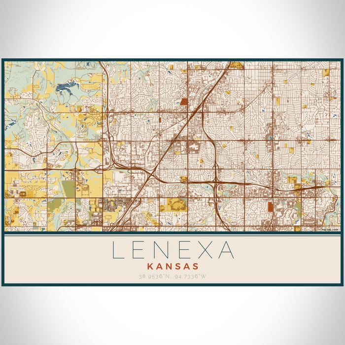Lenexa Kansas Map Print Landscape Orientation in Woodblock Style With Shaded Background