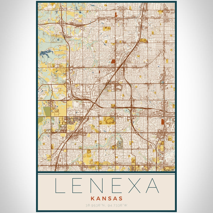 Lenexa Kansas Map Print Portrait Orientation in Woodblock Style With Shaded Background