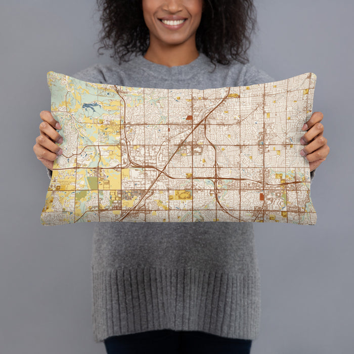 Person holding 20x12 Custom Lenexa Kansas Map Throw Pillow in Woodblock