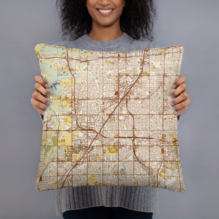 Person holding 18x18 Custom Lenexa Kansas Map Throw Pillow in Woodblock