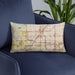 Custom Lenexa Kansas Map Throw Pillow in Woodblock on Blue Colored Chair