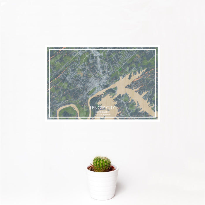 12x18 Lenoir City Tennessee Map Print Landscape Orientation in Afternoon Style With Small Cactus Plant in White Planter