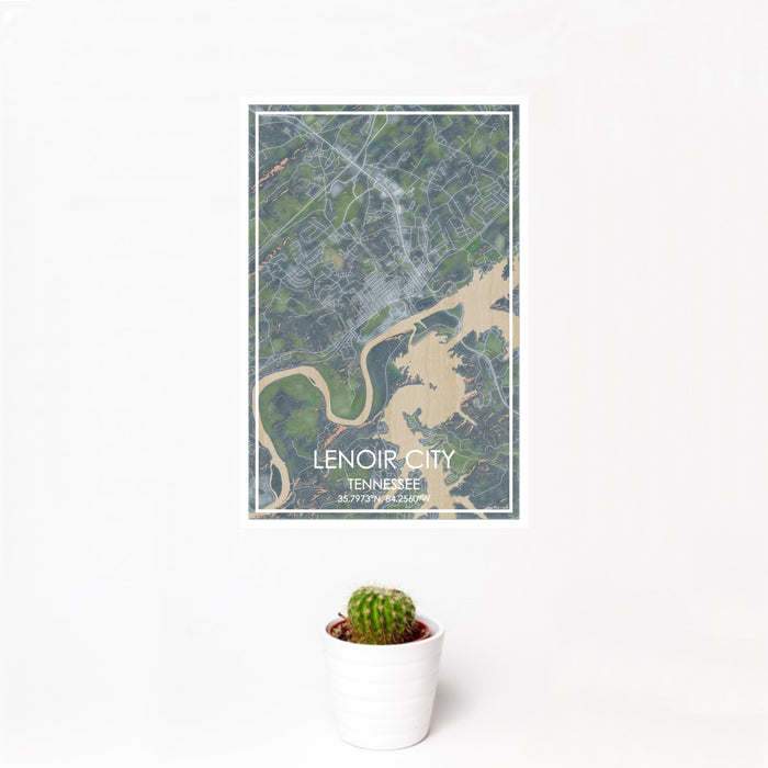 12x18 Lenoir City Tennessee Map Print Portrait Orientation in Afternoon Style With Small Cactus Plant in White Planter