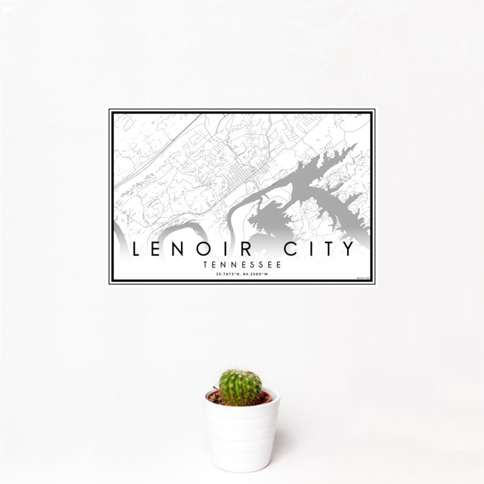 12x18 Lenoir City Tennessee Map Print Landscape Orientation in Classic Style With Small Cactus Plant in White Planter