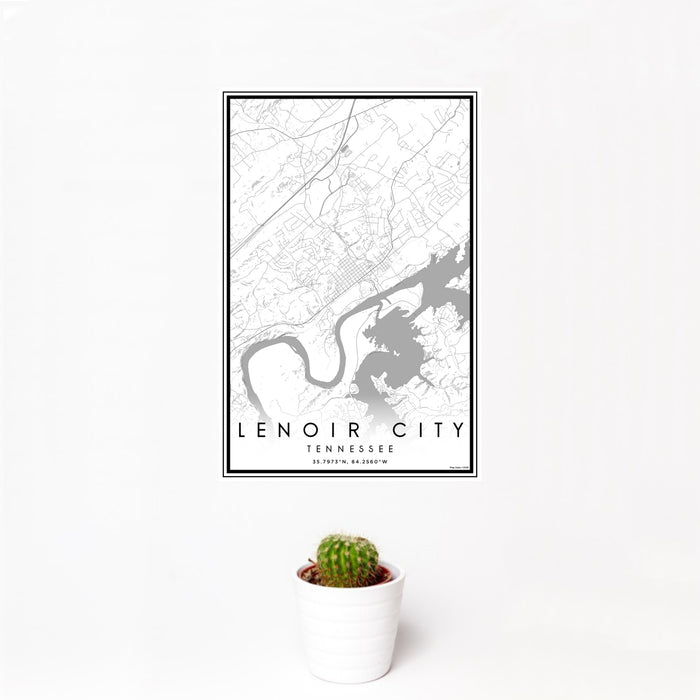 12x18 Lenoir City Tennessee Map Print Portrait Orientation in Classic Style With Small Cactus Plant in White Planter