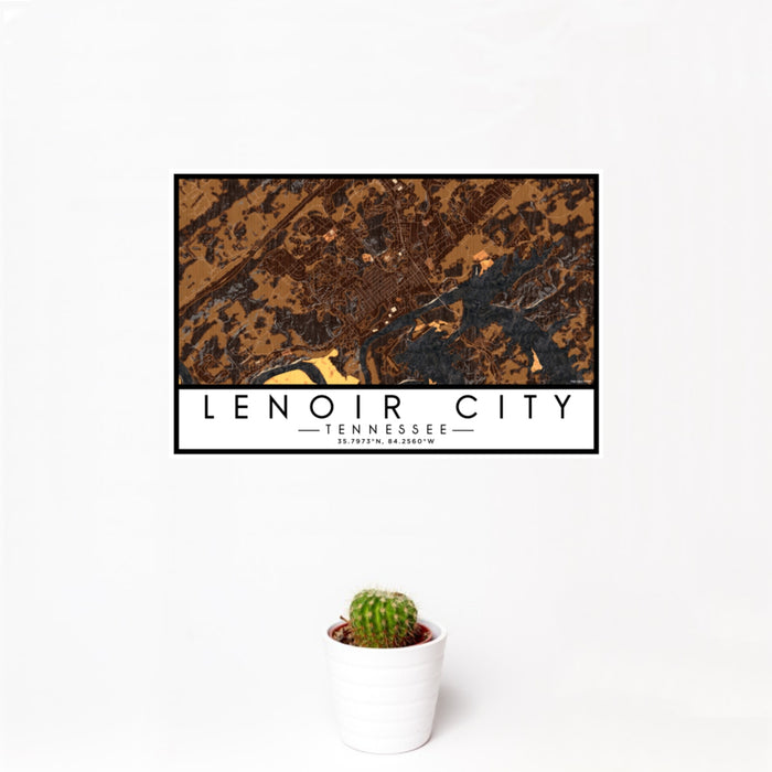 12x18 Lenoir City Tennessee Map Print Landscape Orientation in Ember Style With Small Cactus Plant in White Planter