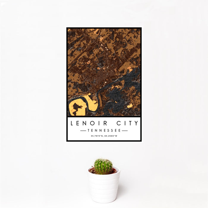 12x18 Lenoir City Tennessee Map Print Portrait Orientation in Ember Style With Small Cactus Plant in White Planter