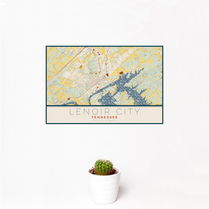 12x18 Lenoir City Tennessee Map Print Landscape Orientation in Woodblock Style With Small Cactus Plant in White Planter