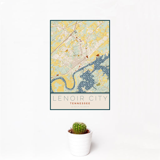 12x18 Lenoir City Tennessee Map Print Portrait Orientation in Woodblock Style With Small Cactus Plant in White Planter