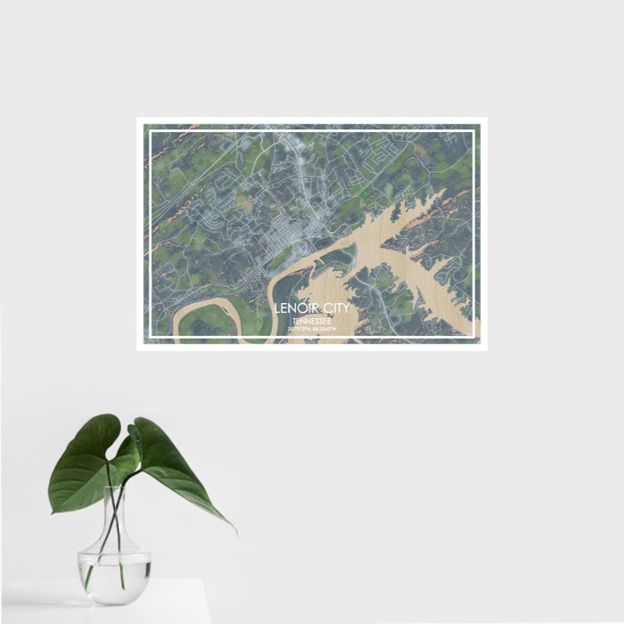 16x24 Lenoir City Tennessee Map Print Landscape Orientation in Afternoon Style With Tropical Plant Leaves in Water