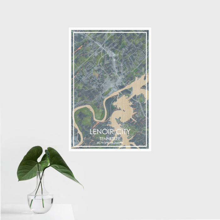 16x24 Lenoir City Tennessee Map Print Portrait Orientation in Afternoon Style With Tropical Plant Leaves in Water