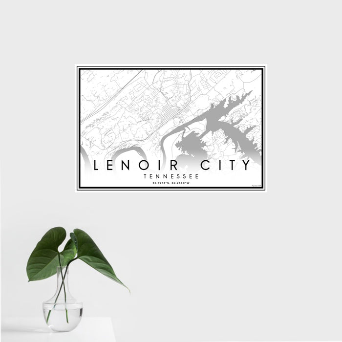 16x24 Lenoir City Tennessee Map Print Landscape Orientation in Classic Style With Tropical Plant Leaves in Water