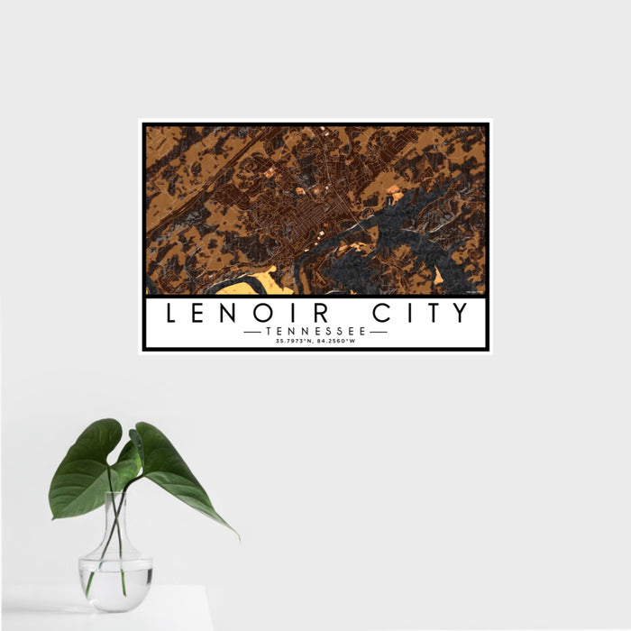 16x24 Lenoir City Tennessee Map Print Landscape Orientation in Ember Style With Tropical Plant Leaves in Water