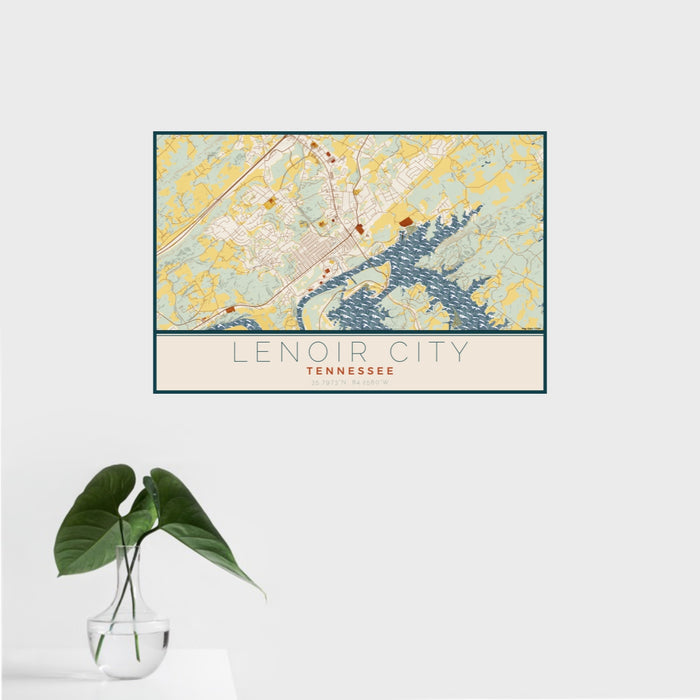 16x24 Lenoir City Tennessee Map Print Landscape Orientation in Woodblock Style With Tropical Plant Leaves in Water