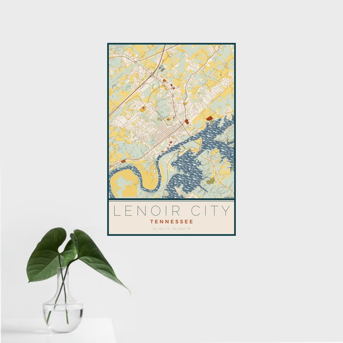 16x24 Lenoir City Tennessee Map Print Portrait Orientation in Woodblock Style With Tropical Plant Leaves in Water