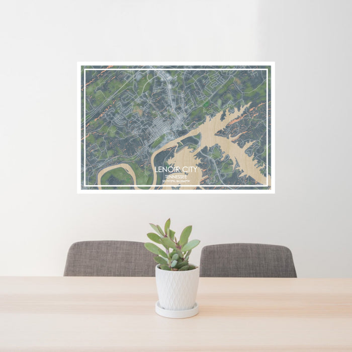 24x36 Lenoir City Tennessee Map Print Lanscape Orientation in Afternoon Style Behind 2 Chairs Table and Potted Plant