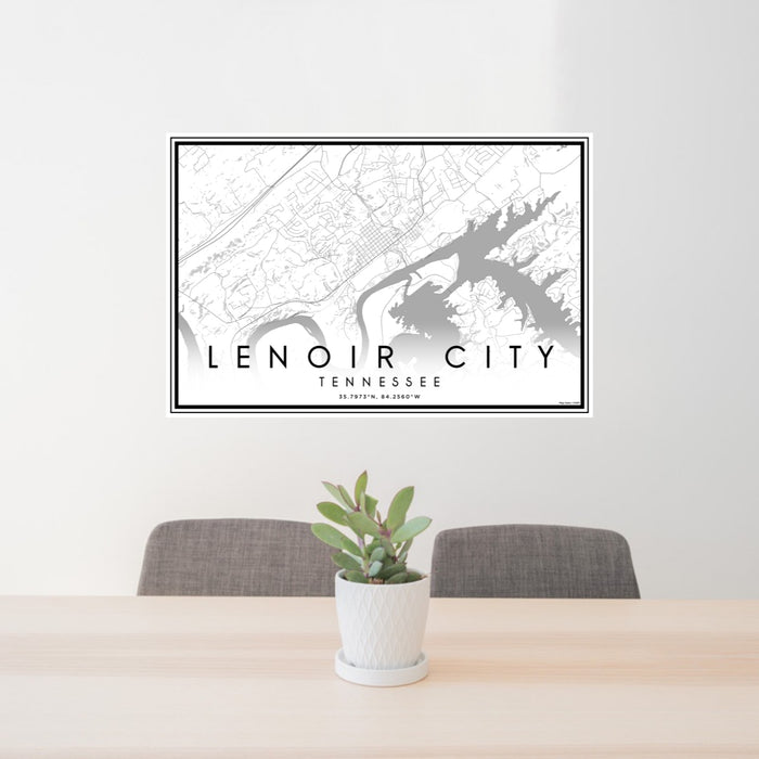 24x36 Lenoir City Tennessee Map Print Lanscape Orientation in Classic Style Behind 2 Chairs Table and Potted Plant