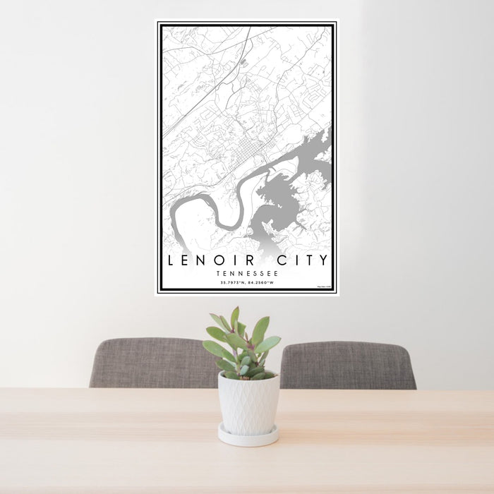 24x36 Lenoir City Tennessee Map Print Portrait Orientation in Classic Style Behind 2 Chairs Table and Potted Plant
