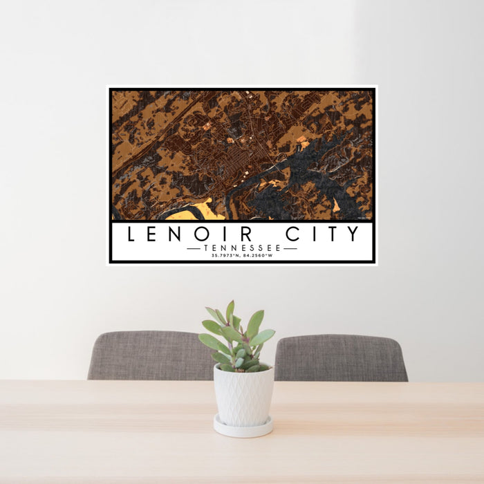 24x36 Lenoir City Tennessee Map Print Lanscape Orientation in Ember Style Behind 2 Chairs Table and Potted Plant