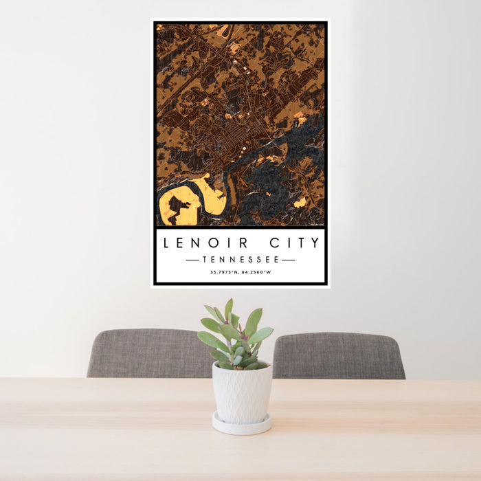 24x36 Lenoir City Tennessee Map Print Portrait Orientation in Ember Style Behind 2 Chairs Table and Potted Plant