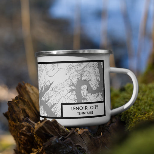 Right View Custom Lenoir City Tennessee Map Enamel Mug in Classic on Grass With Trees in Background