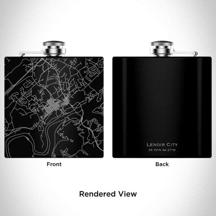Rendered View of Lenoir City Tennessee Map Engraving on 6oz Stainless Steel Flask in Black
