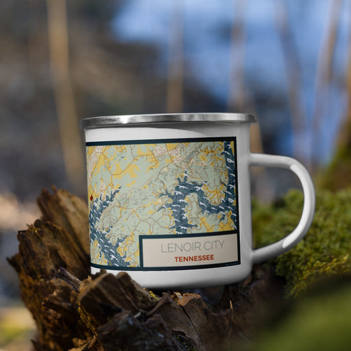 Right View Custom Lenoir City Tennessee Map Enamel Mug in Woodblock on Grass With Trees in Background