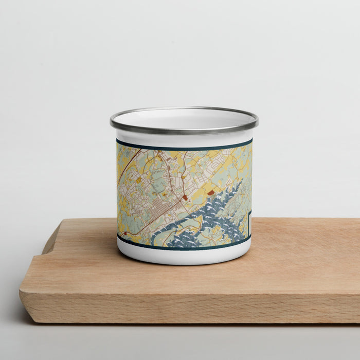 Front View Custom Lenoir City Tennessee Map Enamel Mug in Woodblock on Cutting Board