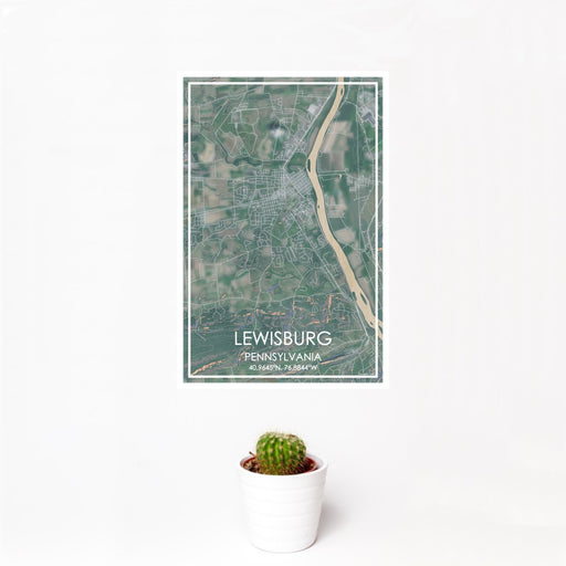 12x18 Lewisburg Pennsylvania Map Print Portrait Orientation in Afternoon Style With Small Cactus Plant in White Planter