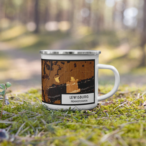 Right View Custom Lewisburg Pennsylvania Map Enamel Mug in Ember on Grass With Trees in Background