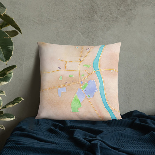 Custom Lewisburg Pennsylvania Map Throw Pillow in Watercolor on Bedding Against Wall