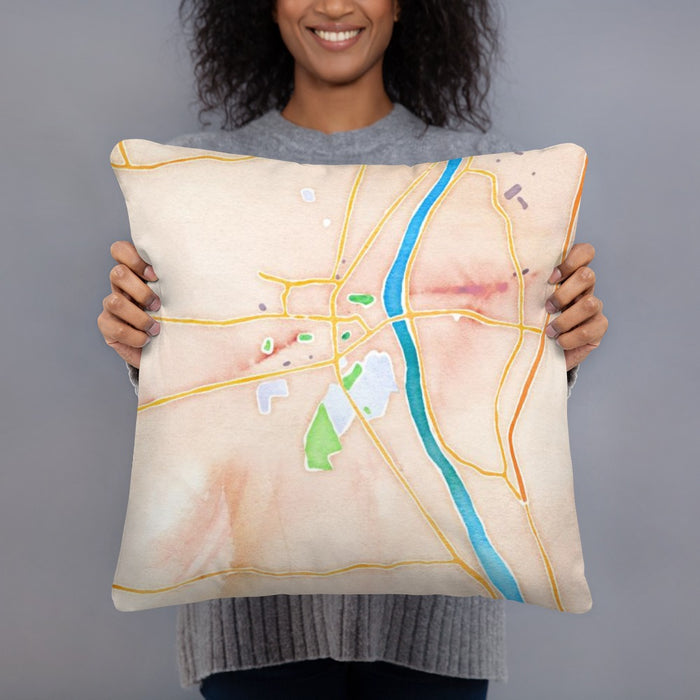 Person holding 18x18 Custom Lewisburg Pennsylvania Map Throw Pillow in Watercolor