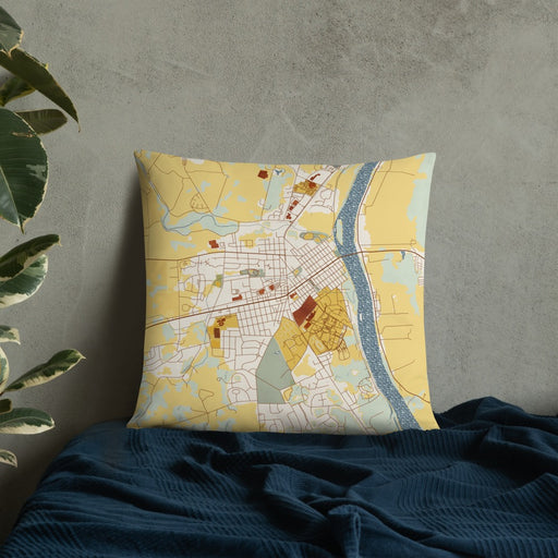 Custom Lewisburg Pennsylvania Map Throw Pillow in Woodblock on Bedding Against Wall