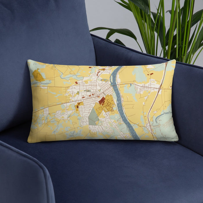 Custom Lewisburg Pennsylvania Map Throw Pillow in Woodblock on Blue Colored Chair