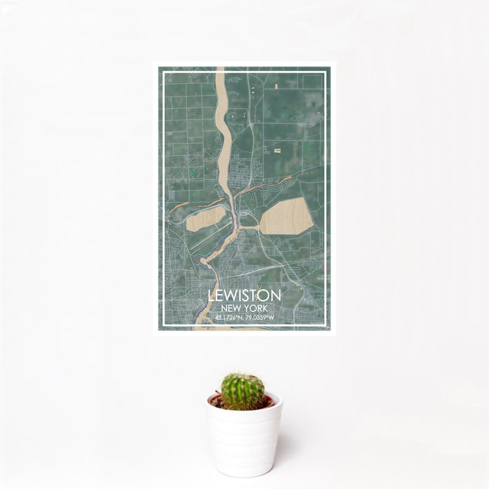12x18 Lewiston New York Map Print Portrait Orientation in Afternoon Style With Small Cactus Plant in White Planter
