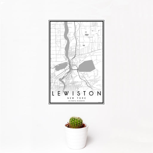 12x18 Lewiston New York Map Print Portrait Orientation in Classic Style With Small Cactus Plant in White Planter