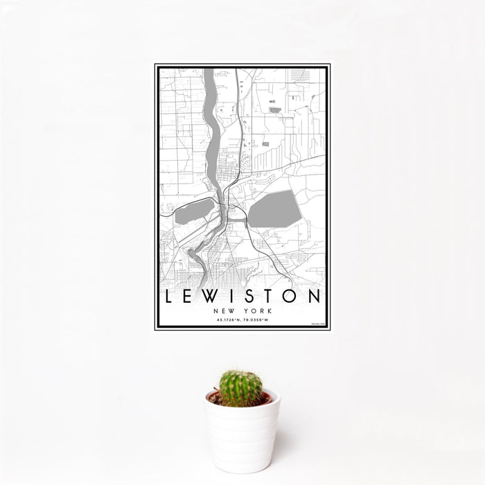 12x18 Lewiston New York Map Print Portrait Orientation in Classic Style With Small Cactus Plant in White Planter
