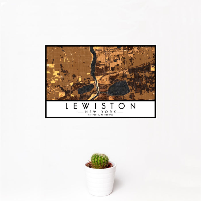 12x18 Lewiston New York Map Print Landscape Orientation in Ember Style With Small Cactus Plant in White Planter