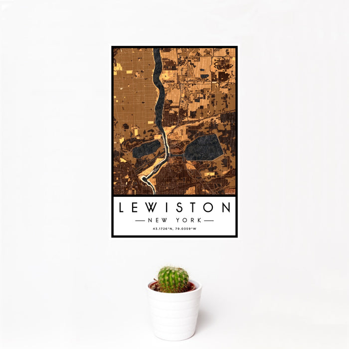 12x18 Lewiston New York Map Print Portrait Orientation in Ember Style With Small Cactus Plant in White Planter