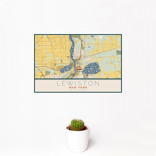 12x18 Lewiston New York Map Print Landscape Orientation in Woodblock Style With Small Cactus Plant in White Planter